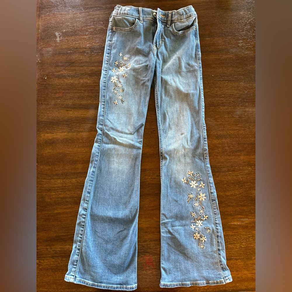 Abercrombie Kids Light Blue Floral Embroidered Flare Jeans